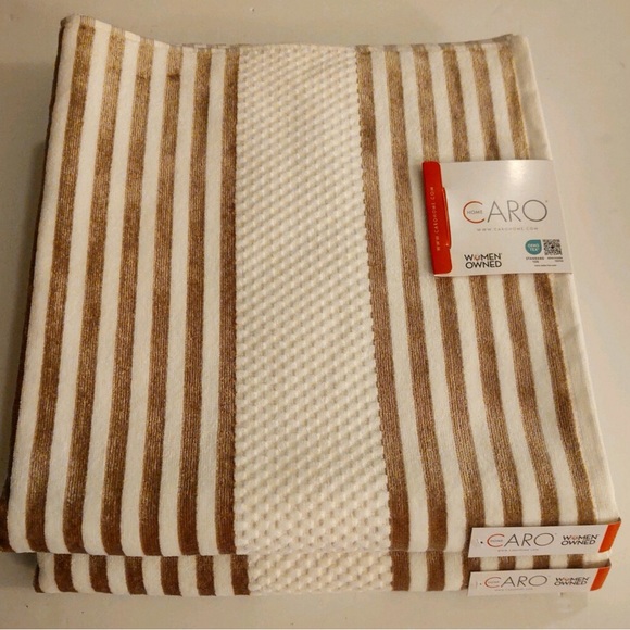 2pc CARO HOME 100% Cotton Stripe Bath Towels - Cream/Gold - Picture 1 of 5